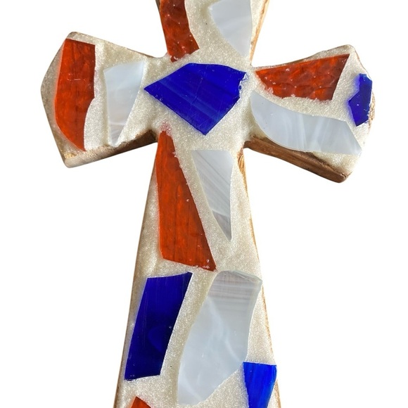 Mosaic Tile On Wood Cross Religious Wall Art Cream Orange & Blue 8”x5”x1” - Picture 2 of 12